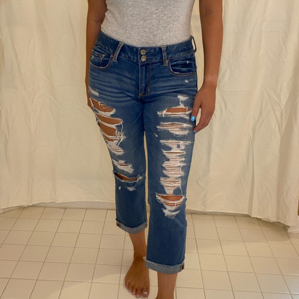 Blue Cropped Ripped Jeans